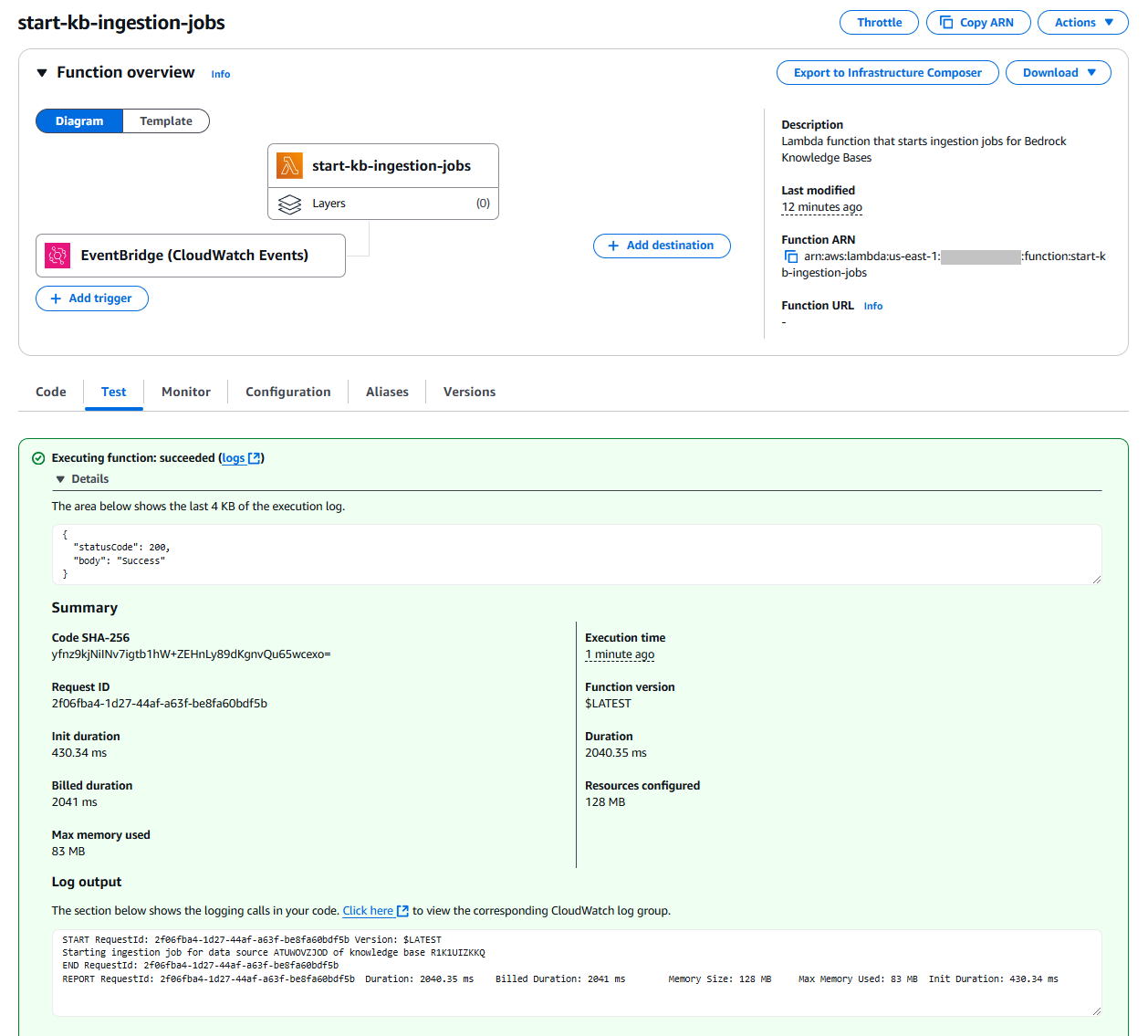 Invoking the start-kb-ingestion-jobs Lambda function manually