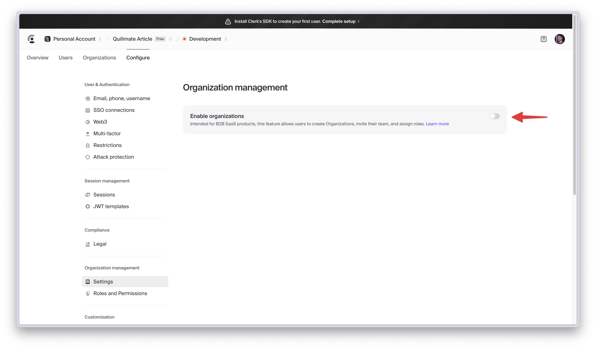 Enabling organizations in the Clerk dashboard