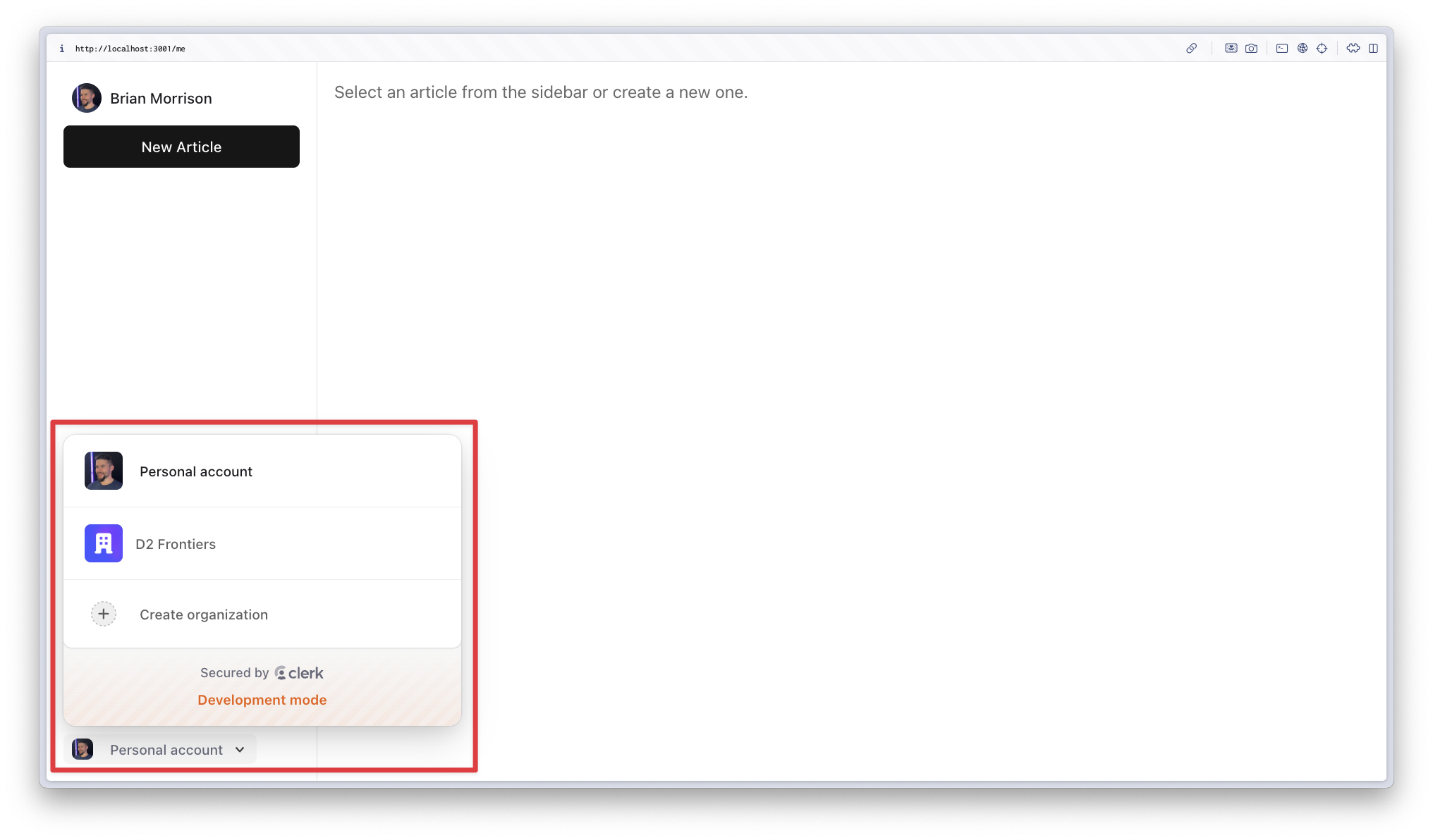 Organization switcher open in Quillmate