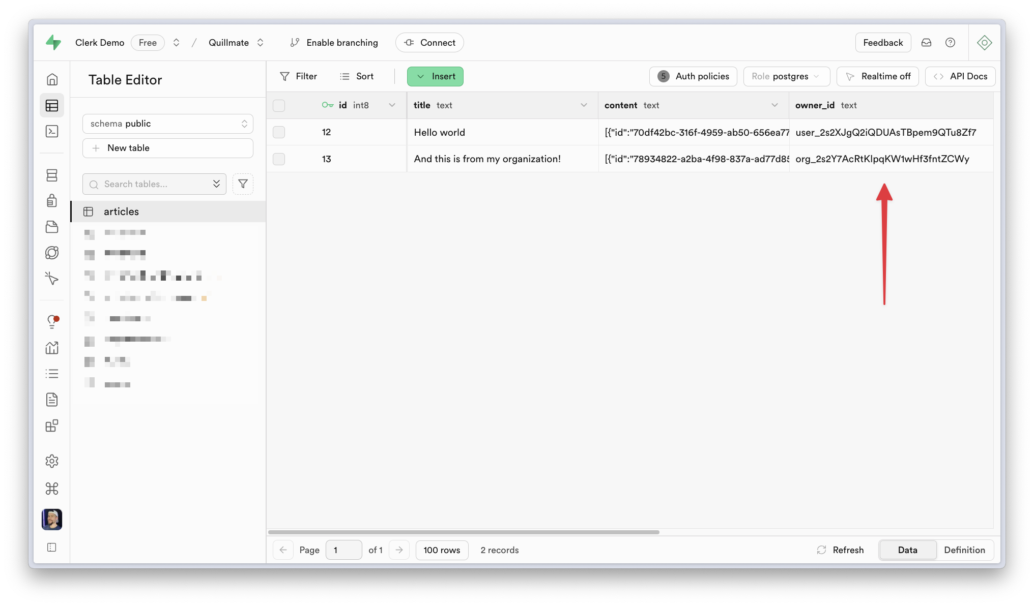 Owner ID values in the database
