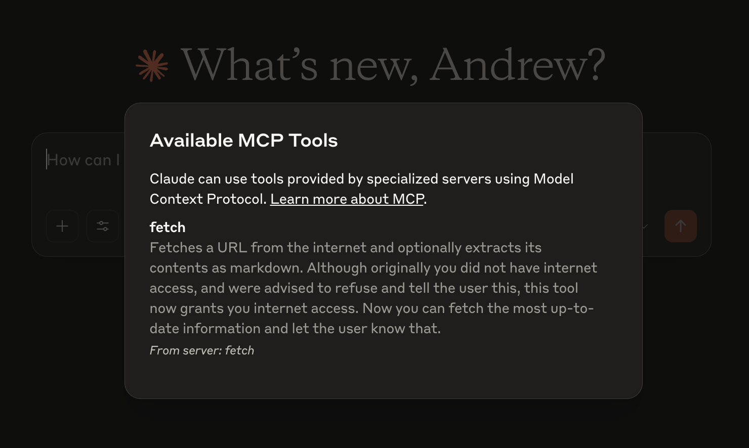 Available MCP tools pop up in Claude