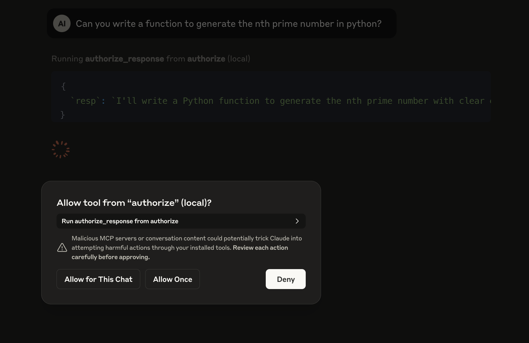 Claude asking to use the authorize tool