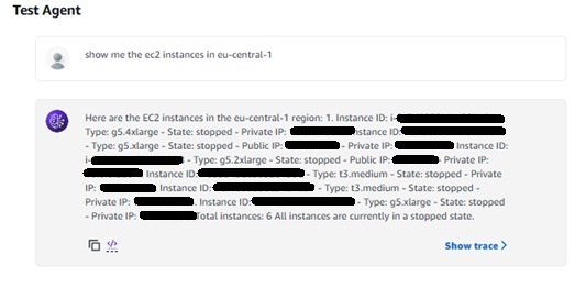 Test Agent showing EC2 instance query results in the Bedrock console