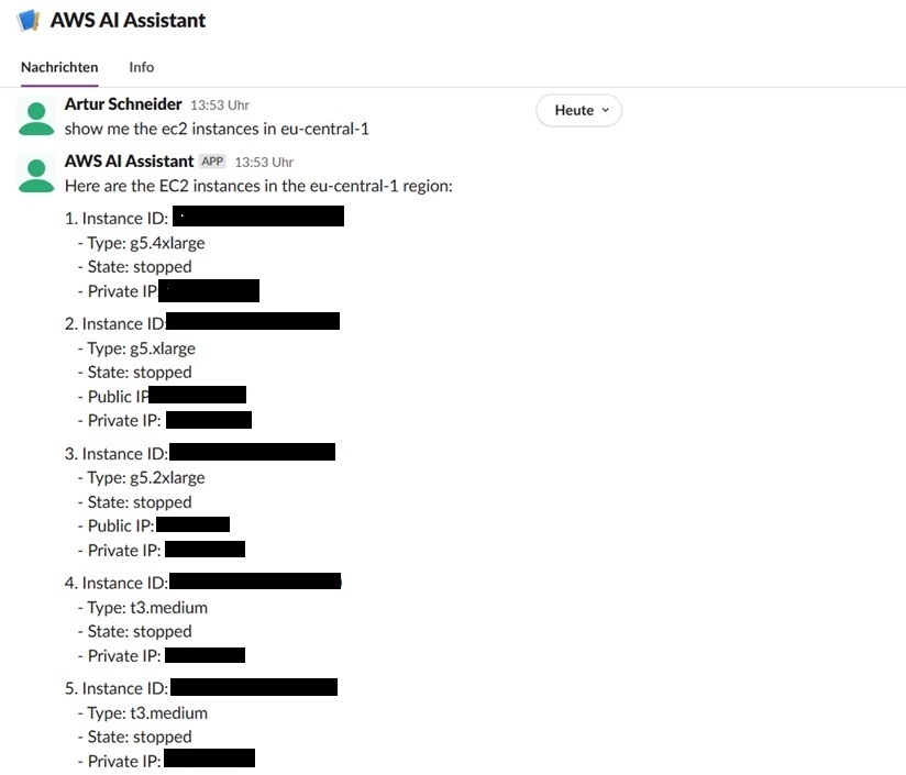 Slack Integration Success showing EC2 instance details in Slack