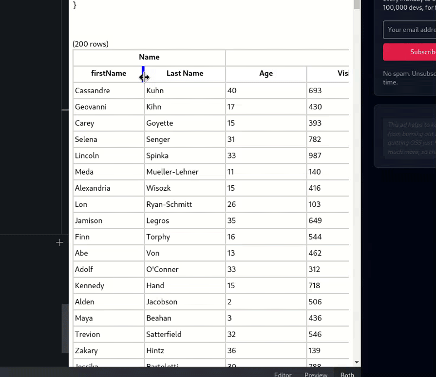 column resizing tanstack table