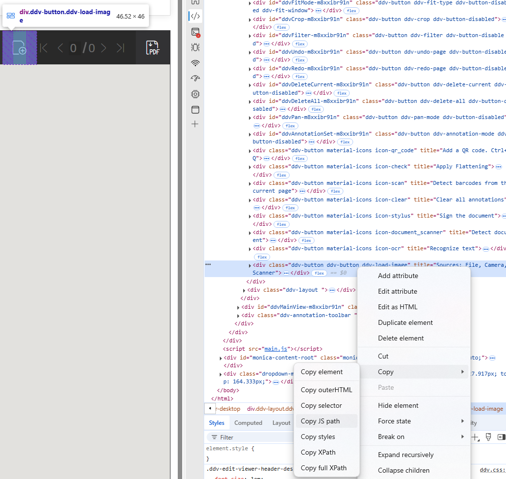 dropdown menu in dev tools