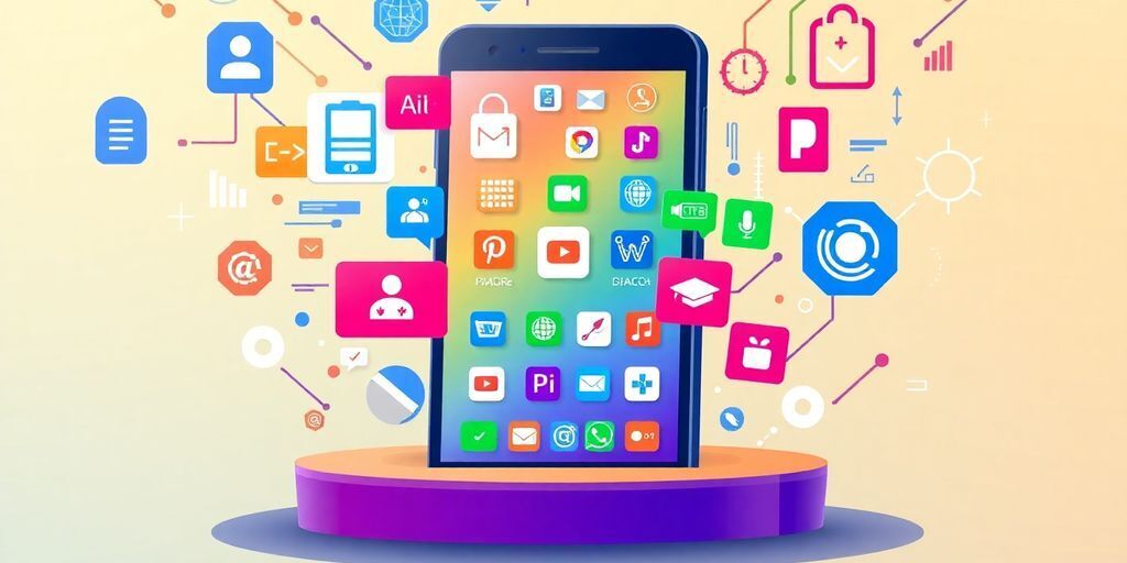 Smartphone with app icons and coding symbols in a dynamic design.
