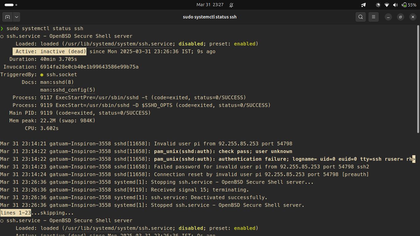 starting and checking status of ssh server