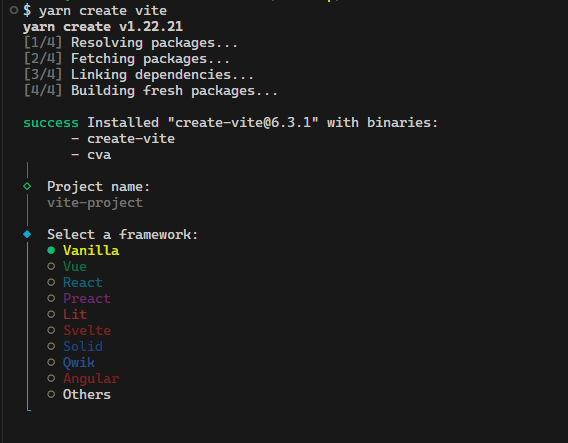 An image that shows the select a framework step in vite setup