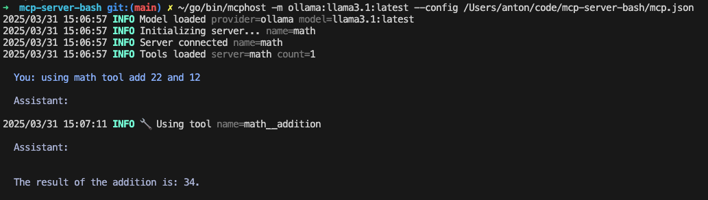 Using bash tool with llama and mcphost