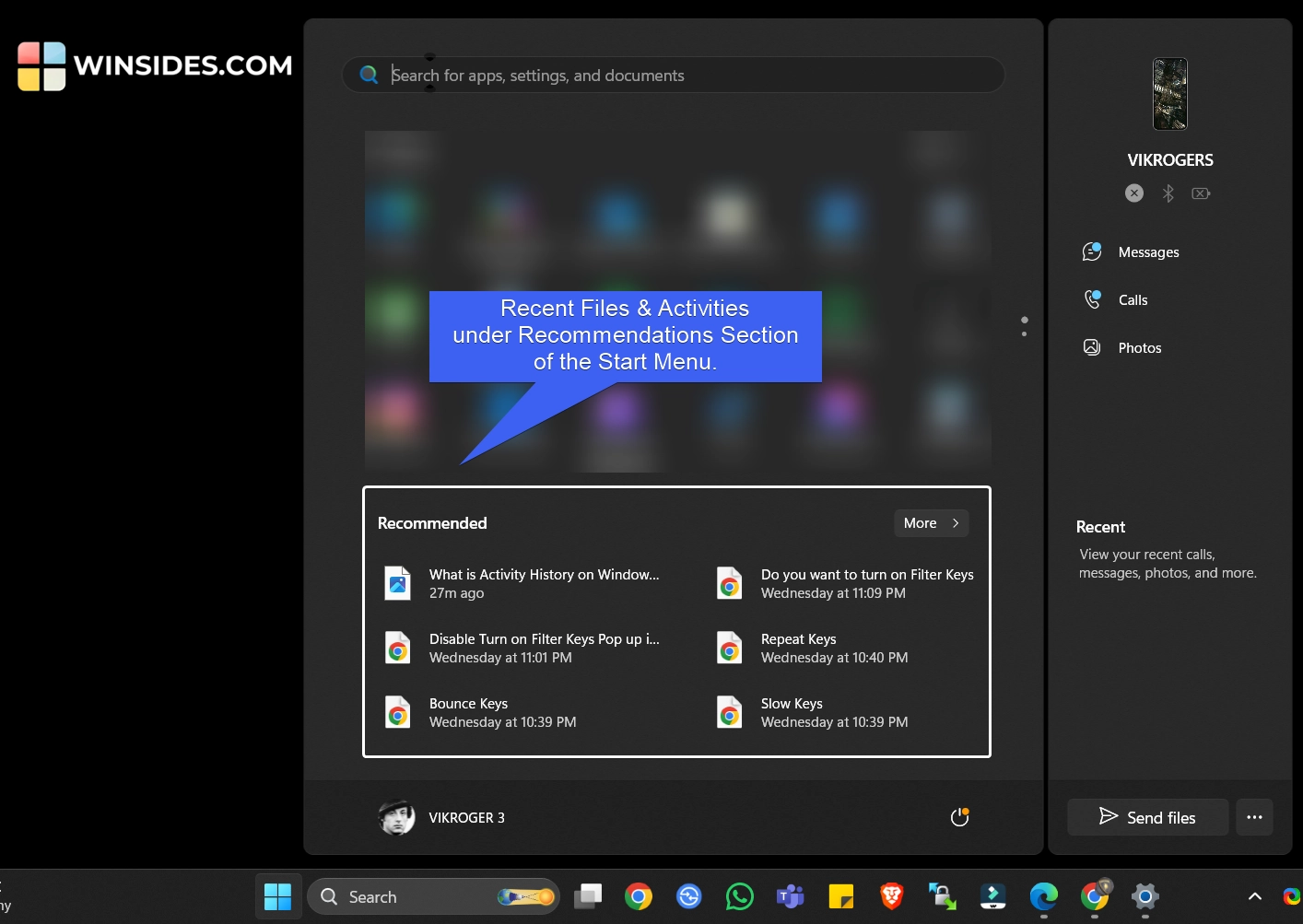 Recommendations section under the Start menu
