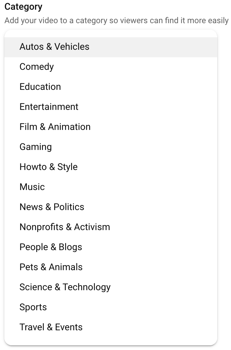 YouTube Studio video categories