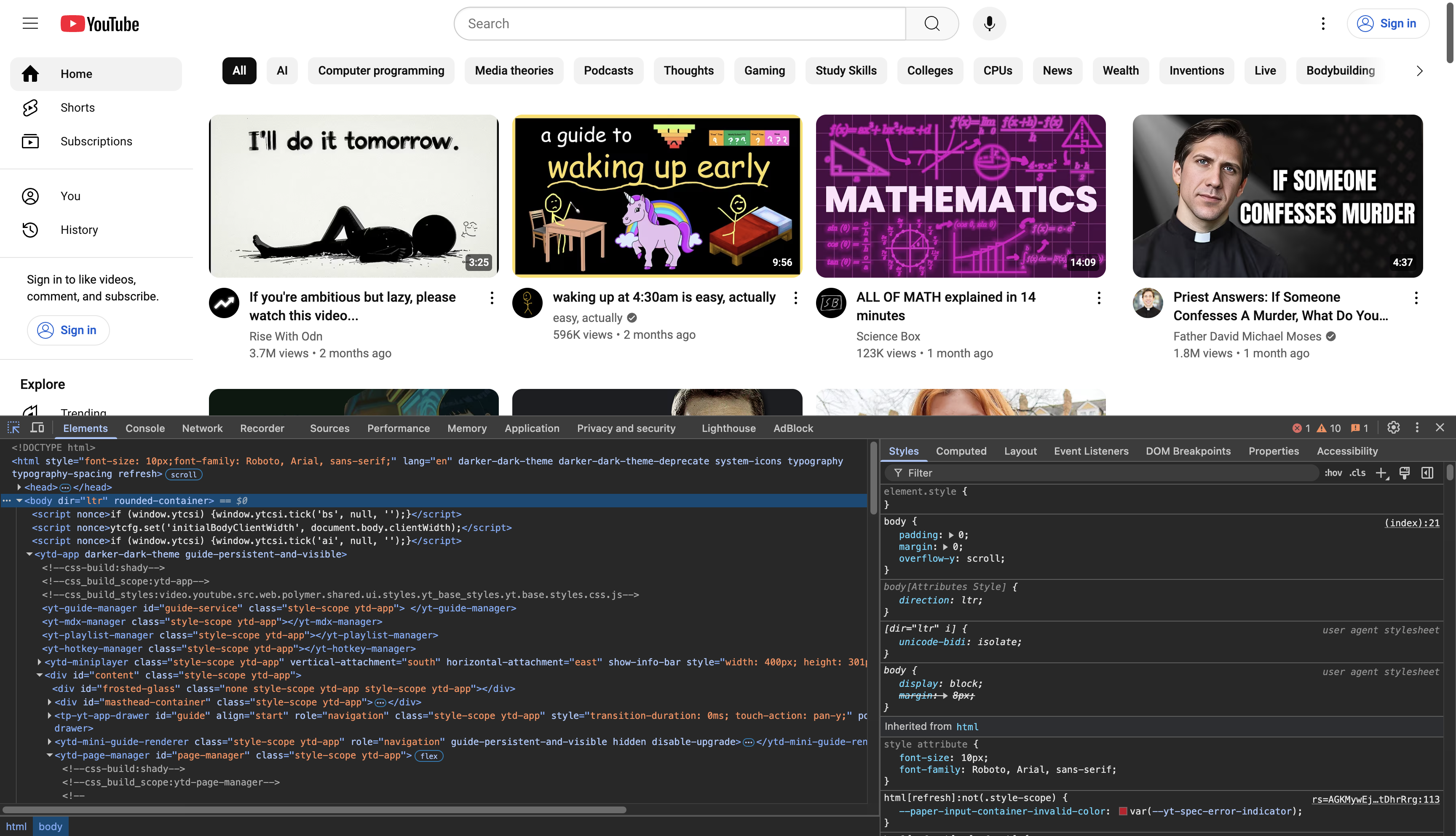 Inspecting YouTube homepage with Chrome DevTools