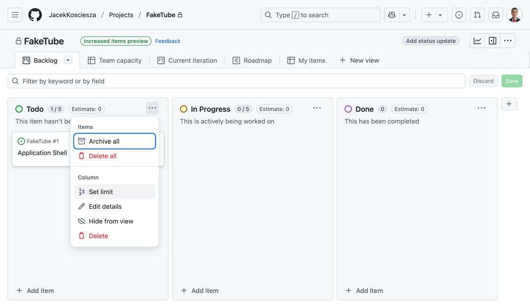 GitHub todo column limit