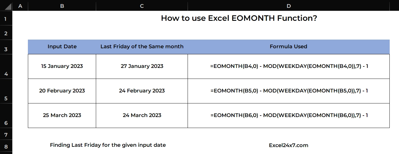 Simple Formula to return the last friday from the input date values using EOMONTH and nested functions.