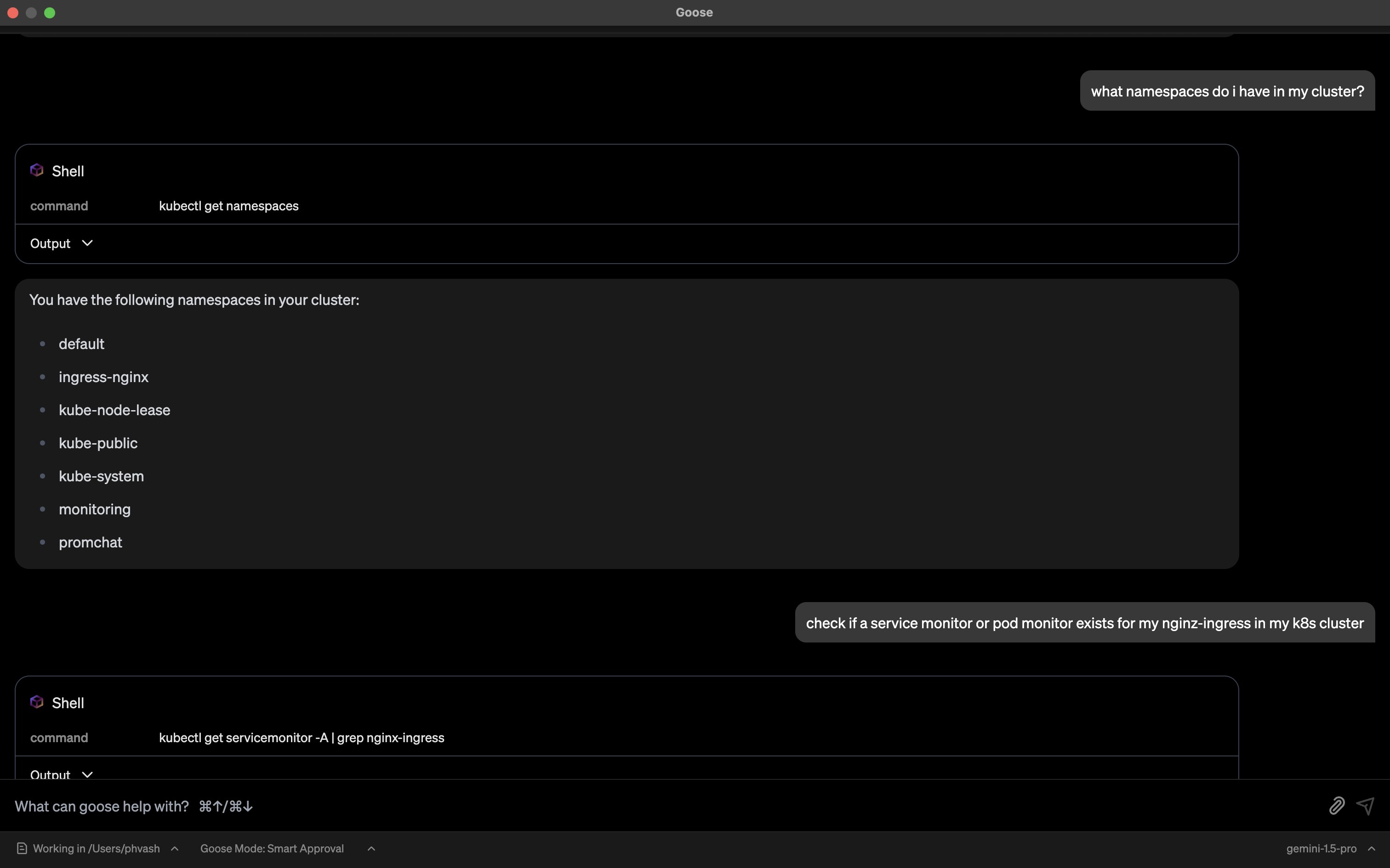 Goose running kubectl via the inbuilt shell tool