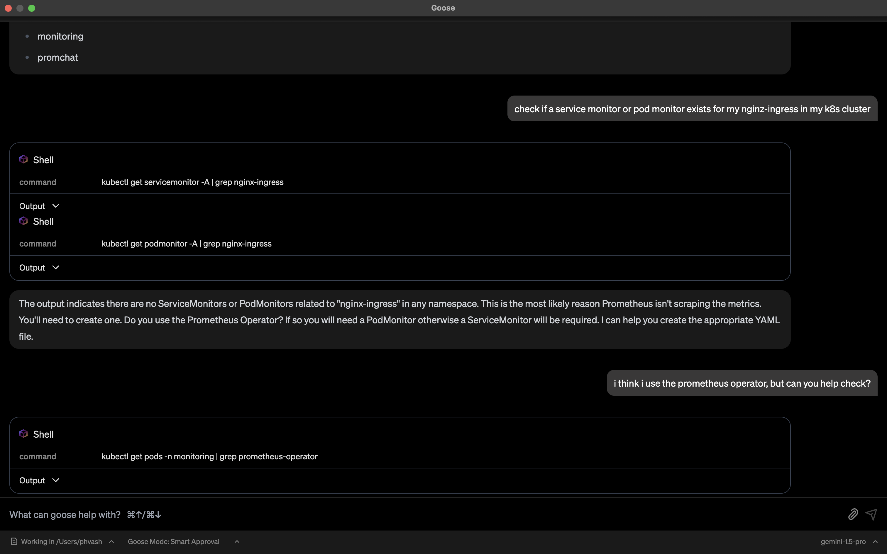Goose running kubectl via the inbuilt shell tool cont'd