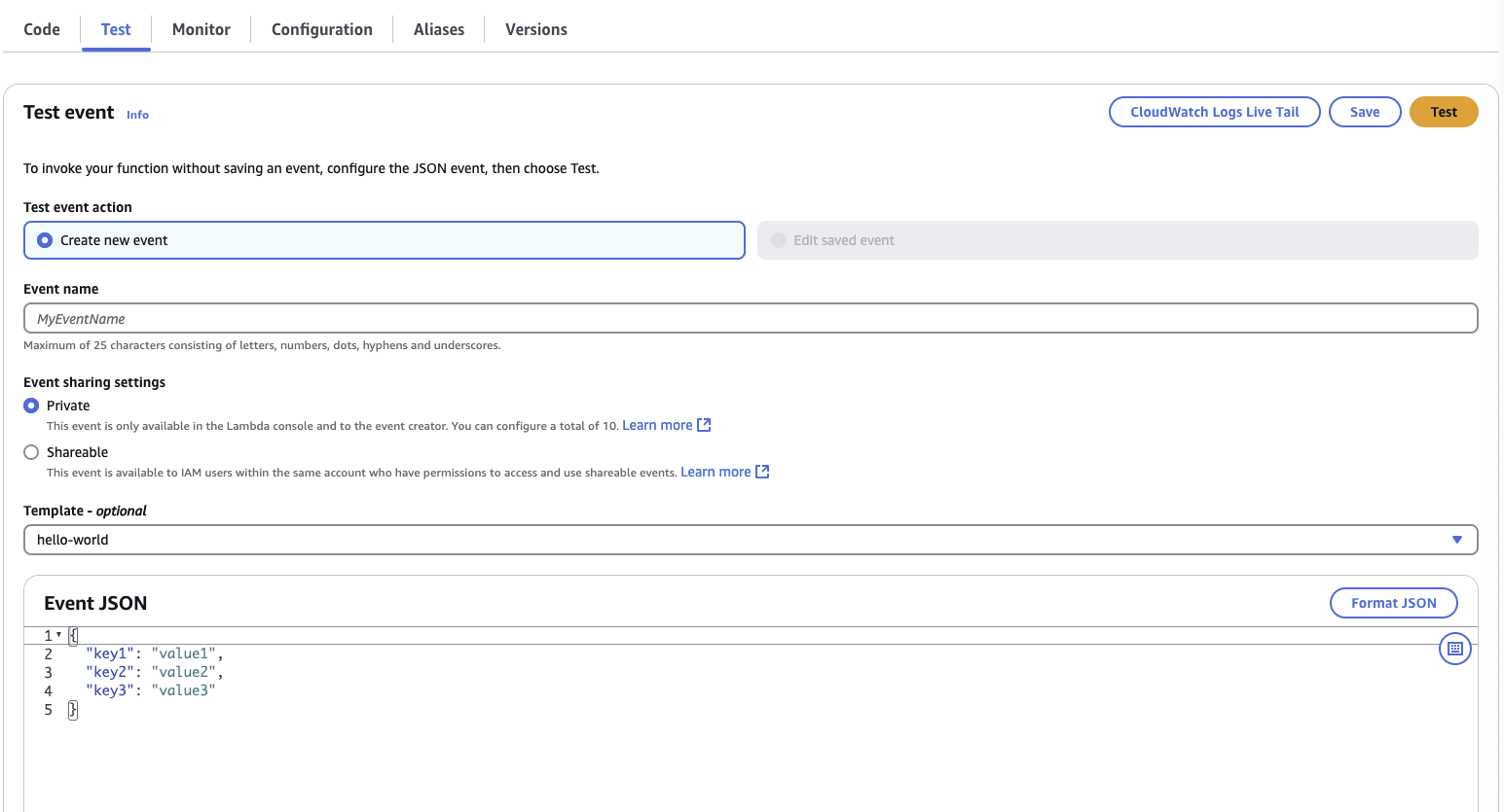 AWS Lambda Test Event