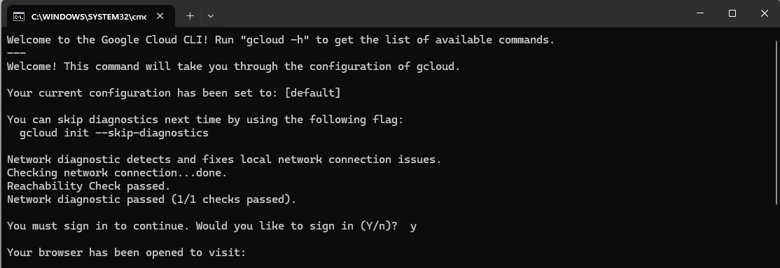 Successful installation of the GCloud CLI as displayed in a console window