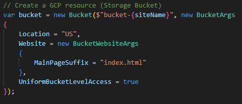 C# code using Pulumi to create a Google Cloud Bucket