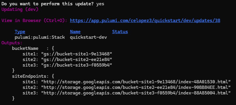 Results of running console command: pulumi up