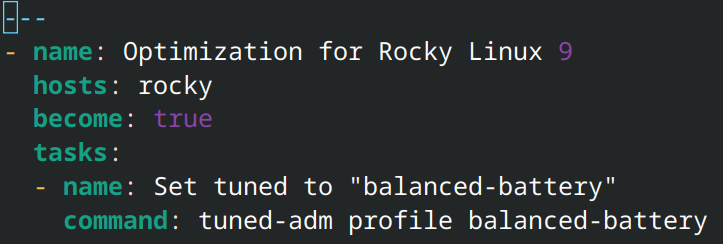 snippet of the ansible code to apply power-saving settings to the host machine