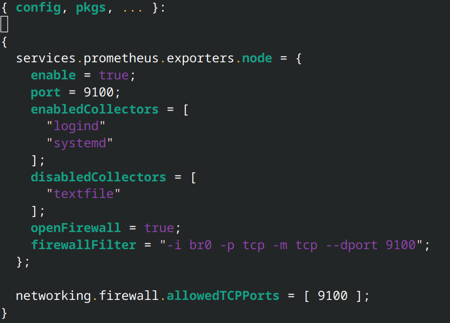 snippet of the nixos code to install and expose Prometheus node exporter