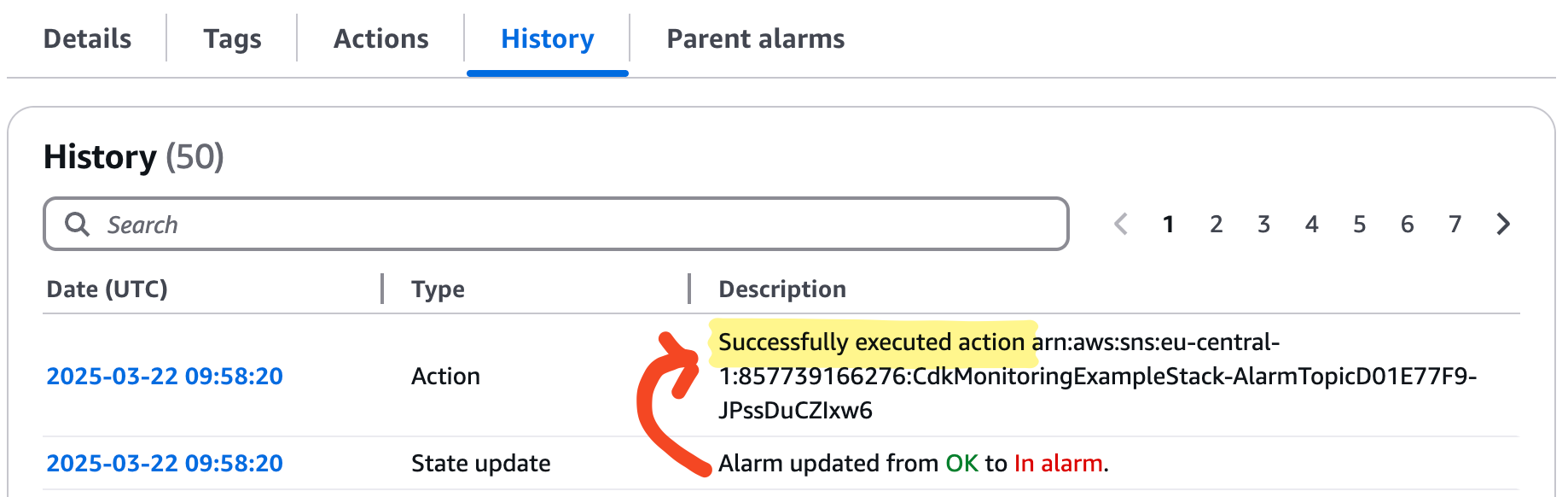 CloudWatch Alarm history - no error