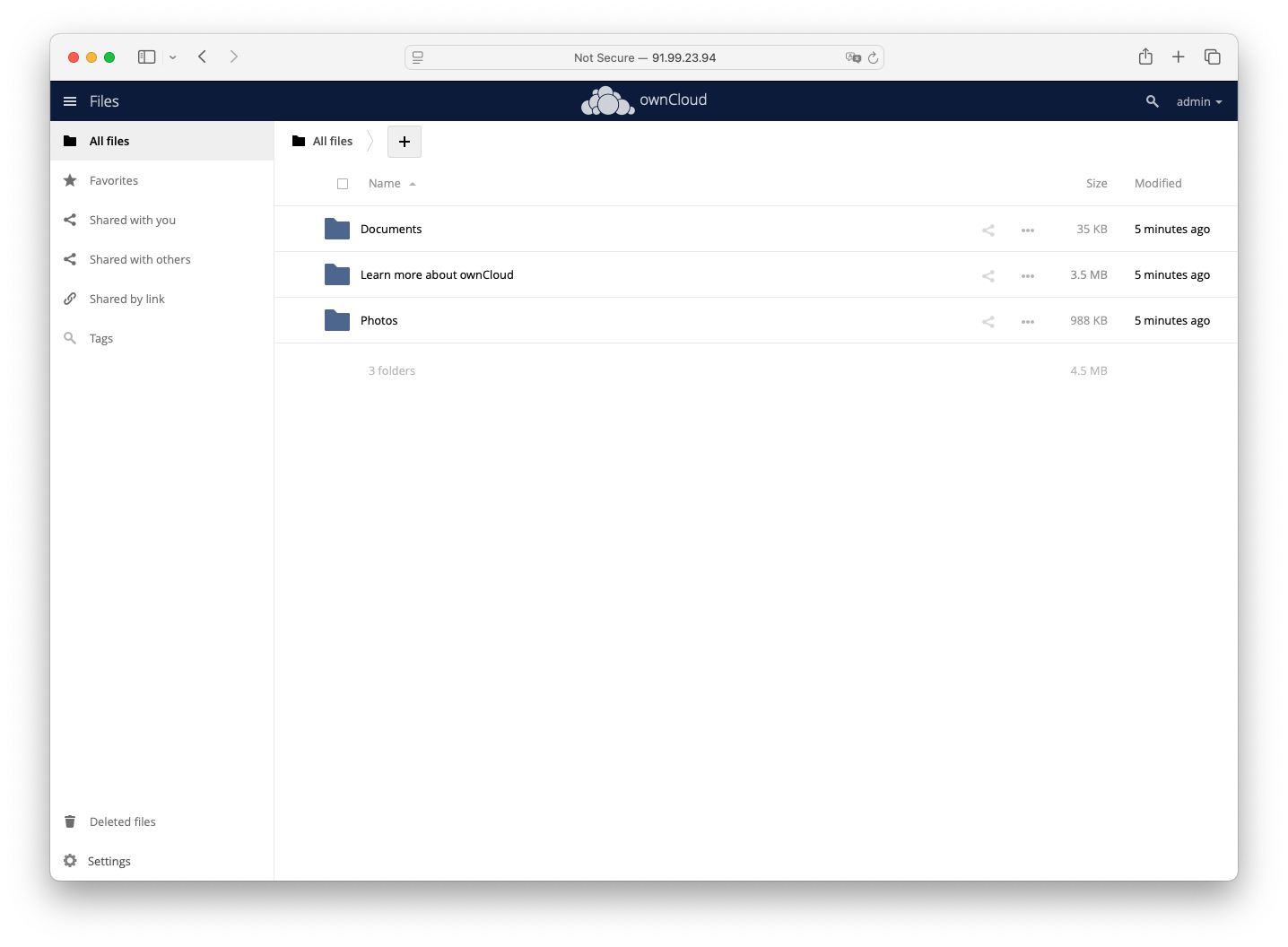 ownCloud dashboard