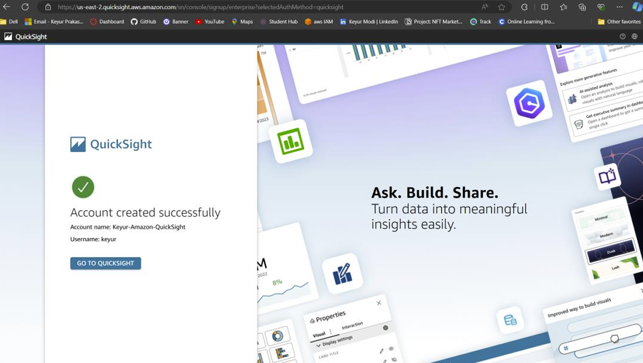 Successful QuickSight account creation screen