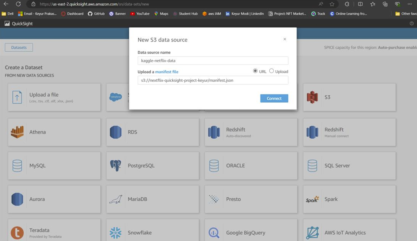 Creating a new data source in QuickSight by selecting S3 and uploading the manifest file