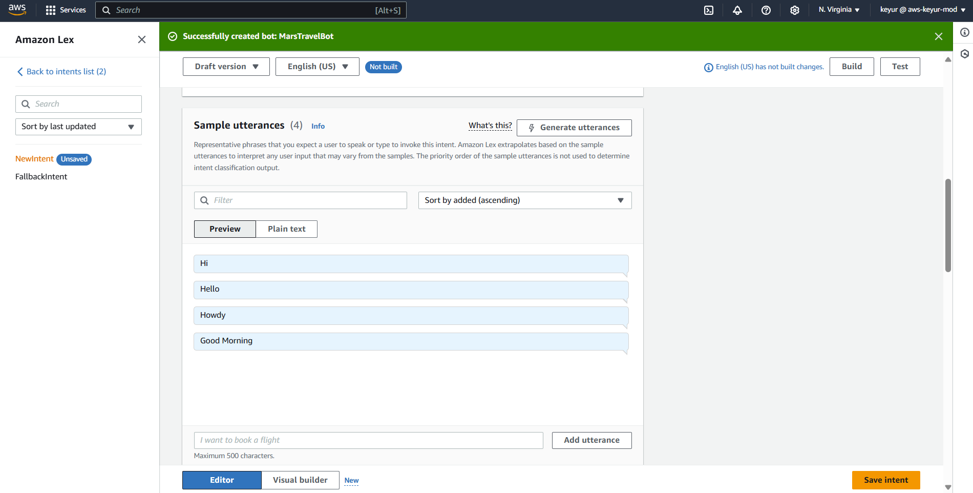 welcome intent configuration