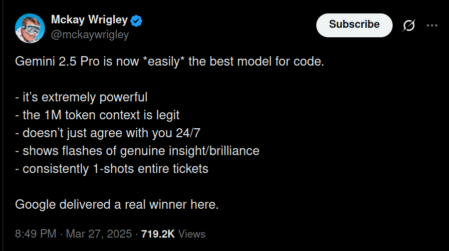 Tweet praising Gemini 2.5 Pro AI Model