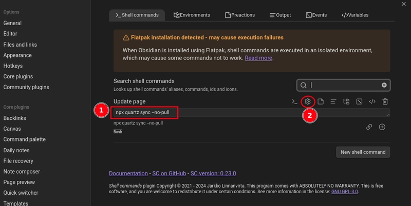 Setting obsidian-shellcommands plugin on flatpak
