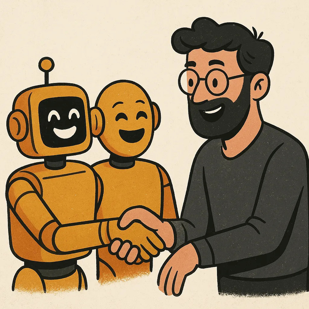 ilustração digital amigável de um desenvolvedor de software sorridente apertando as mãos de dois robôs humanoides alegres, simbolizando a colaboração entre humanos e IA no desenvolvimento de software.
