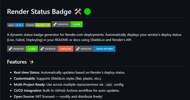 A screenshot of the render badges readme demo