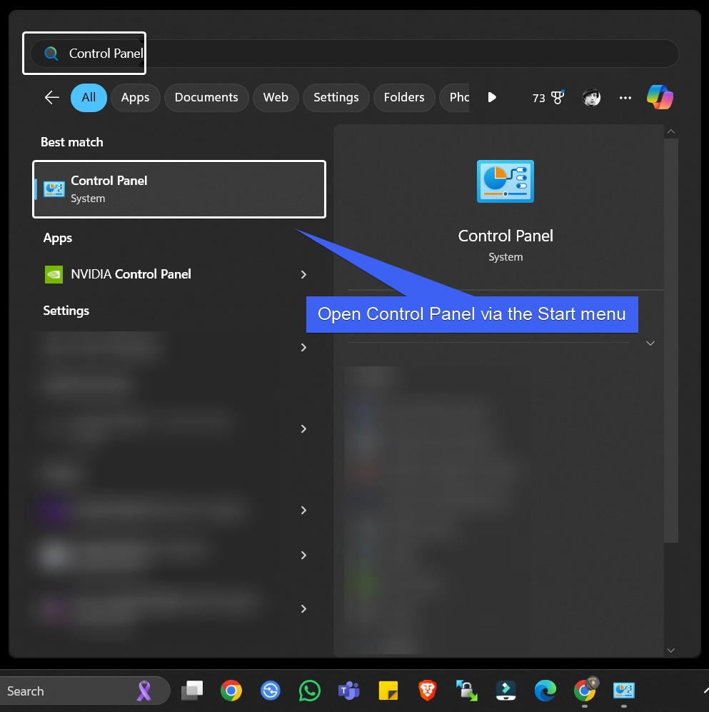 Open Control Panel via the Start menu
