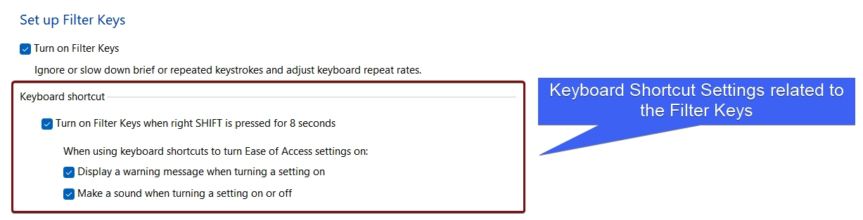 Keyboard Shortcut Settings related to the Filter Keys