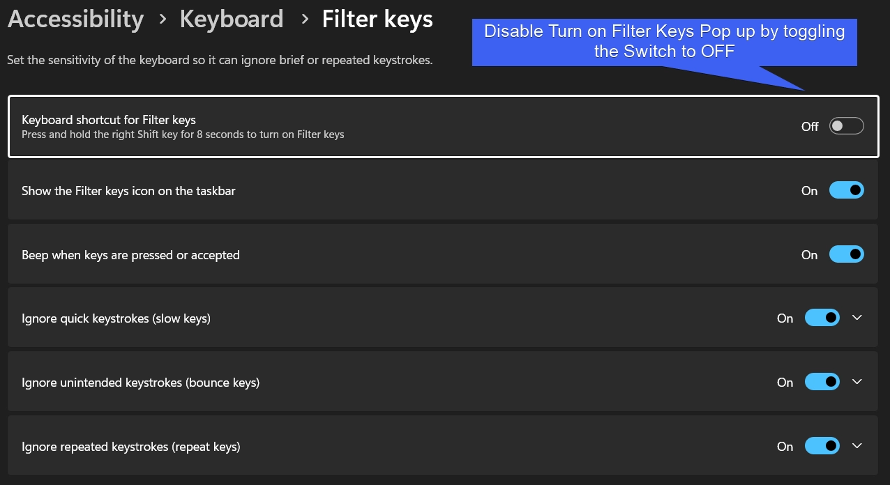 Disable Turn on Filter Keys Pop up in Windows 11