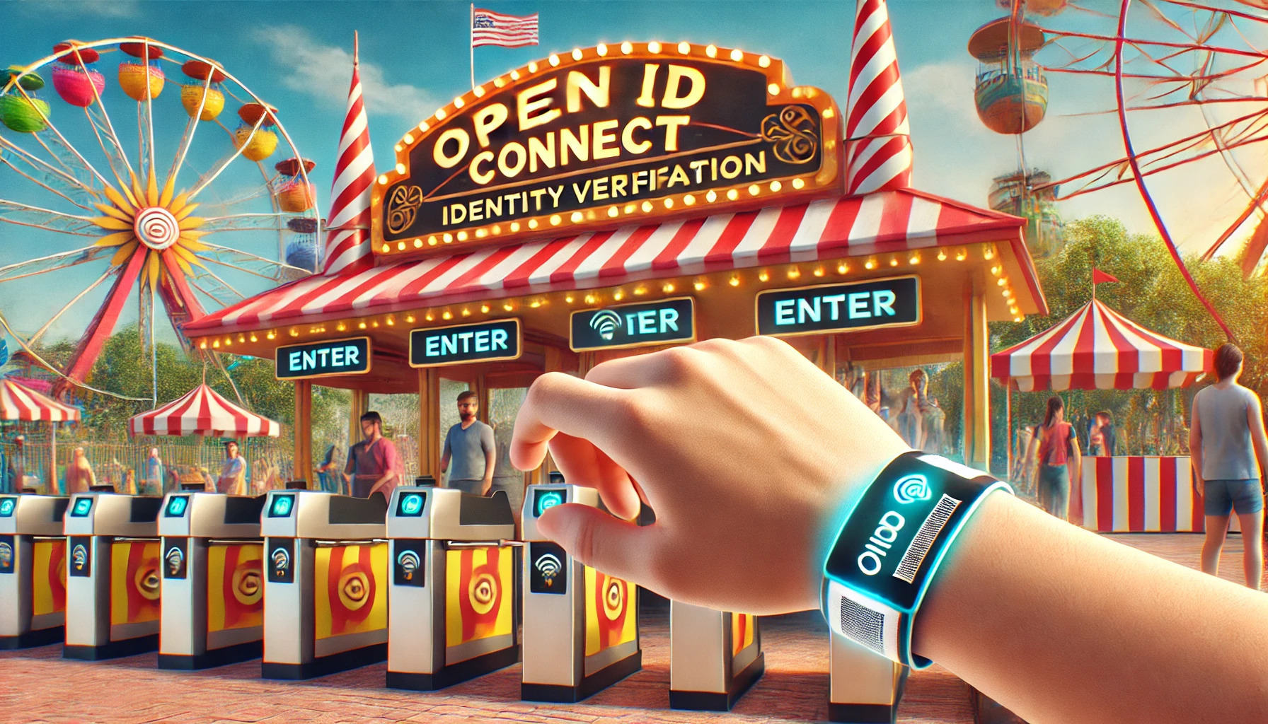 OIDC, where a visitor uses a special wristband to enter an amusement park and access rides, symbolizing both authentication and authorization.