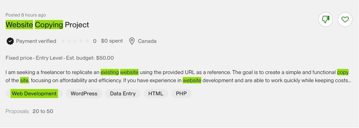 Upwork website copy job