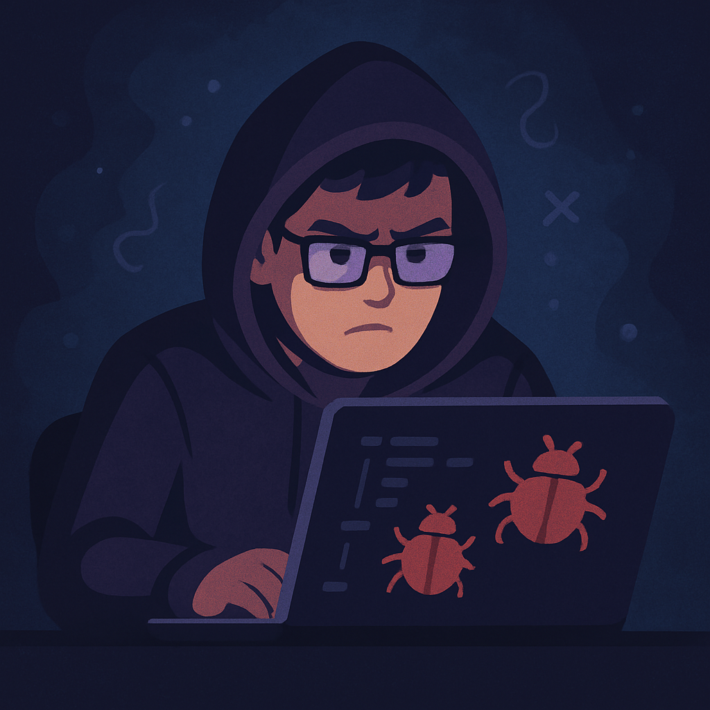 A digital painting in a semi-realistic style shows a focused developer in a dark hoodie, surrounded by swirling neon energy. The coder appears to be transcending, immersed in a deep flow state as abstract symbols and code fragments float around.