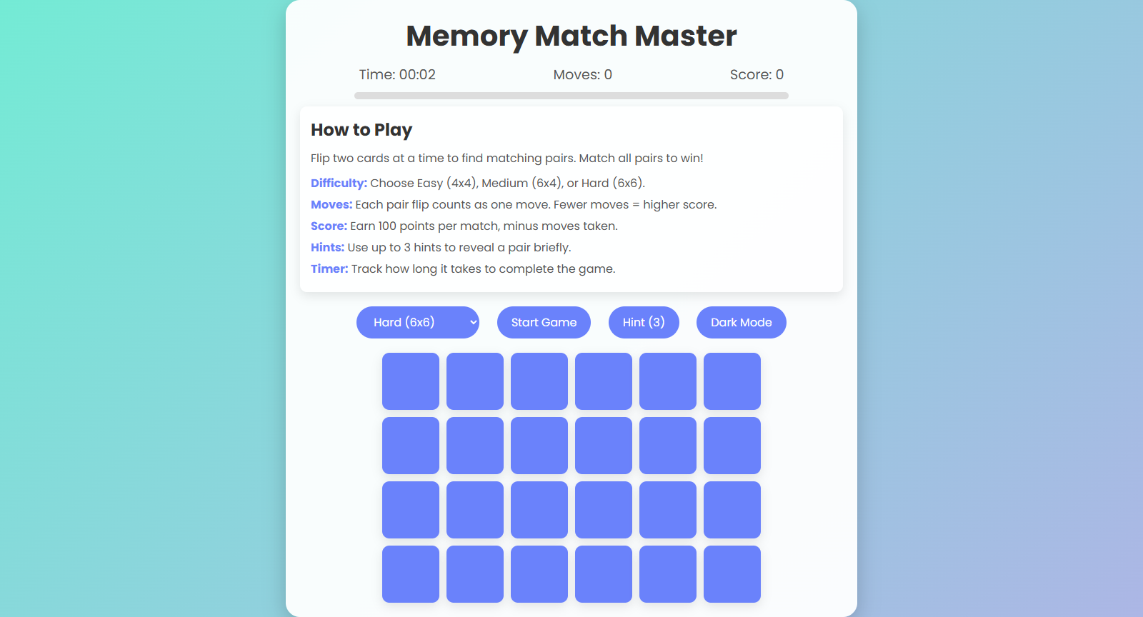 Screenshot of Memory Match Master Game