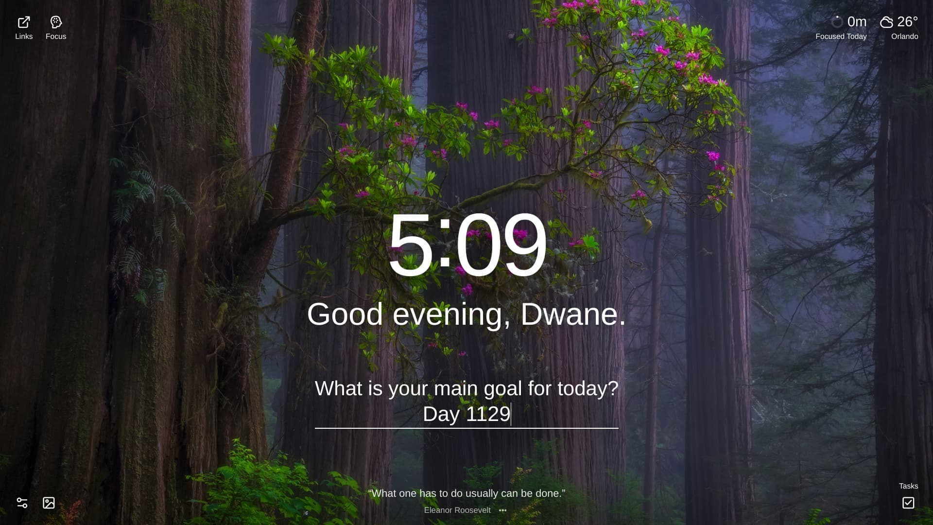 A mystical forest scene featuring towering redwood trees with thick, textured bark, shrouded in a soft, ethereal mist. A flowering bush with bright pink blossoms and green leaves is prominently centered, contrasting with the dark forest backdrop. The time 5:09 is displayed in the center. The location is a Redwood State Park in California, United States.