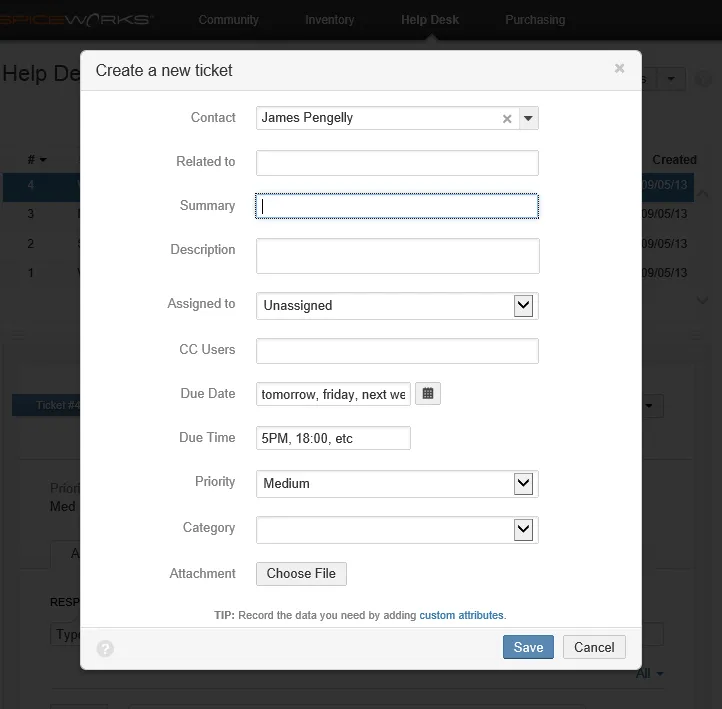 Spiceworks ticketing system while creating a ticket.