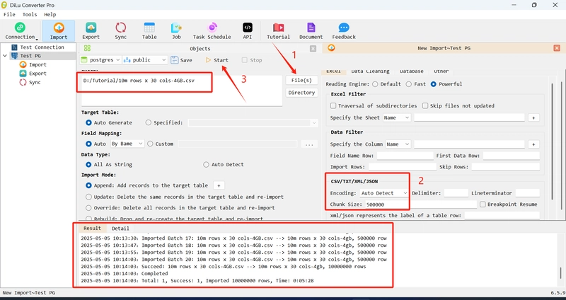 Import a large CSV more than 1G into a database quickly