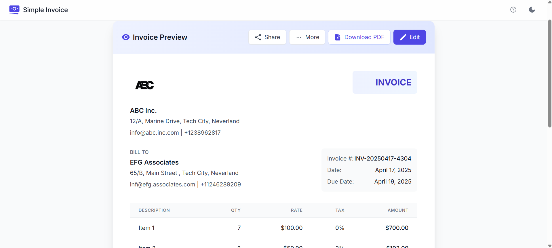 Invoice Generator Screenshot