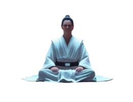 A cinematic Star Wars-style digital art of a serene developer in Jedi robes meditating in front of a glowing code terminal, lightsaber at their side, surrounded by floating lines of code and illuminated UI elements.