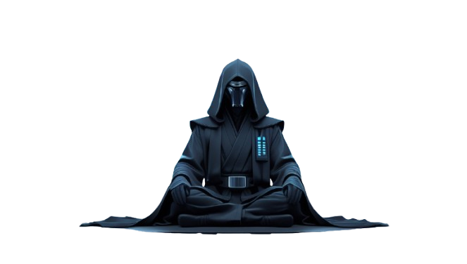 A dark, intense developer cloaked in black, typing aggressively in a terminal as red lines of code flash on a dark UI behind them. Their glare is fixed, fingers rapid, and command lines spark like red lightning.