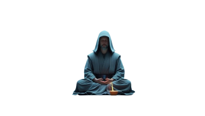 A developer wearing a neutral-colored robe with both a glowing terminal and notebook in hand, half surrounded by light UI and half by dark code chaos. Their face is calm, wise, and battle-tested.